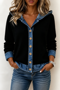 Women's hooded patchwork cardigan with button front and denim-look trim