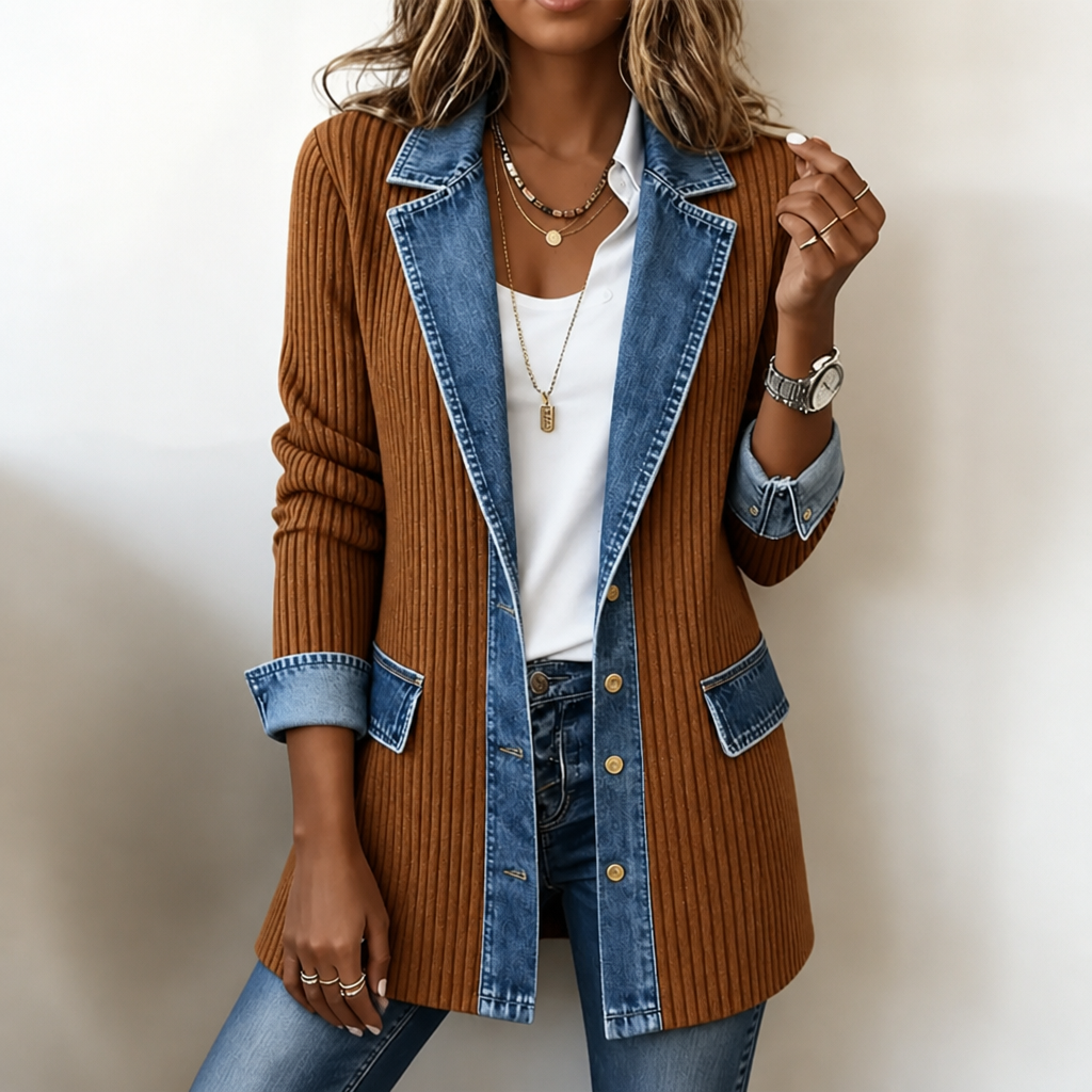 Women's ribbed longline cardigan coat with contrasting denim panels and button front