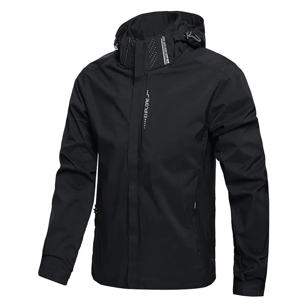 Men's lightweight hooded rain jacket with front zip and zipped pockets