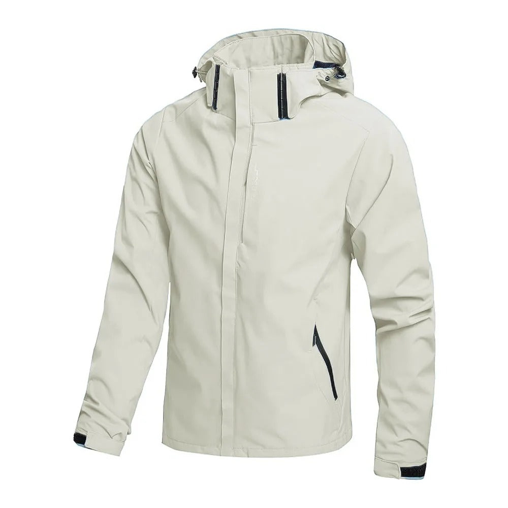 Men's lightweight hooded rain jacket with front zip and zipped pockets