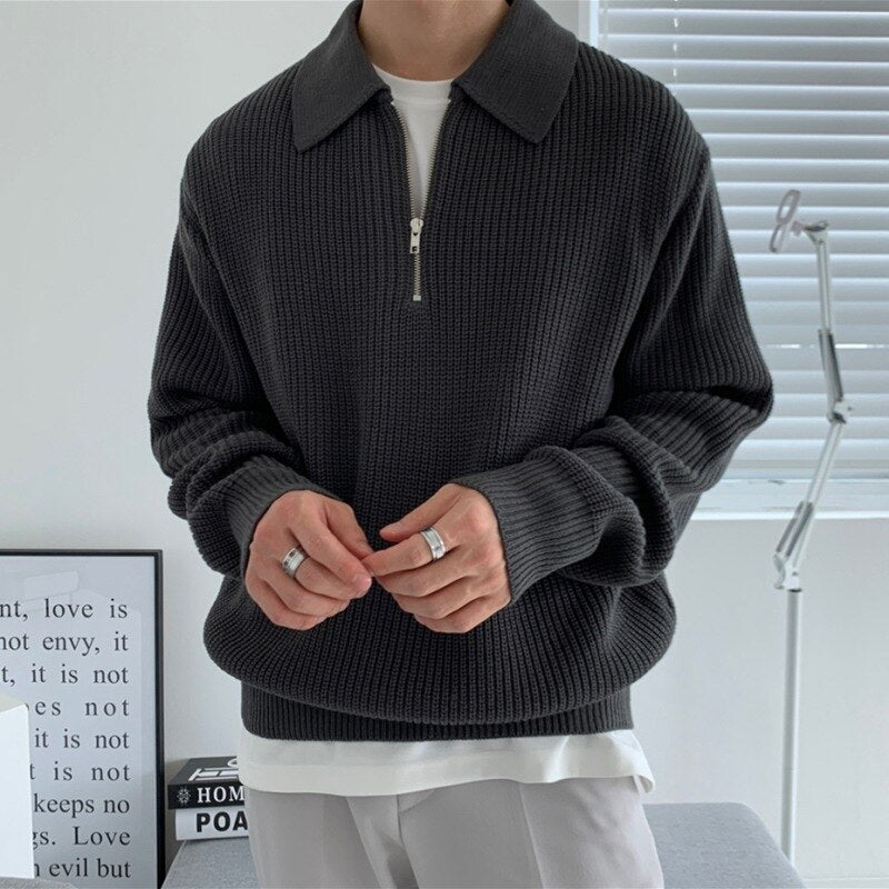 Men's ribbed textured quarter-zip jumper with collar and long sleeves