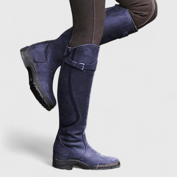 Women's knee-high boots with buckle straps, round toes and low heels