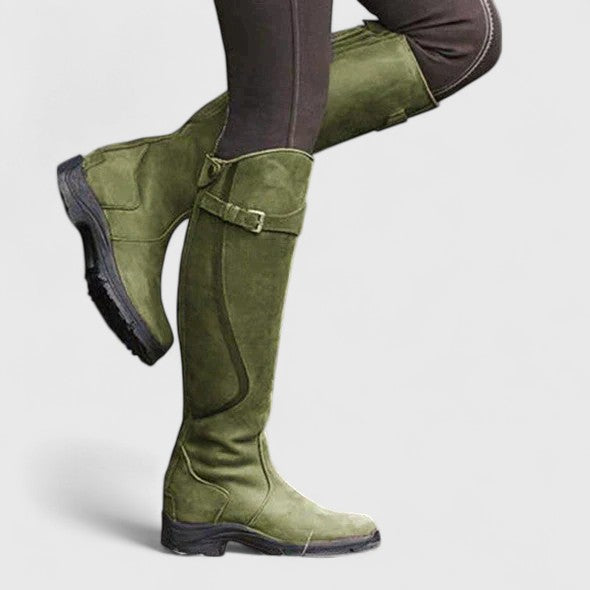 Women's knee-high boots with buckle straps, round toes and low heels
