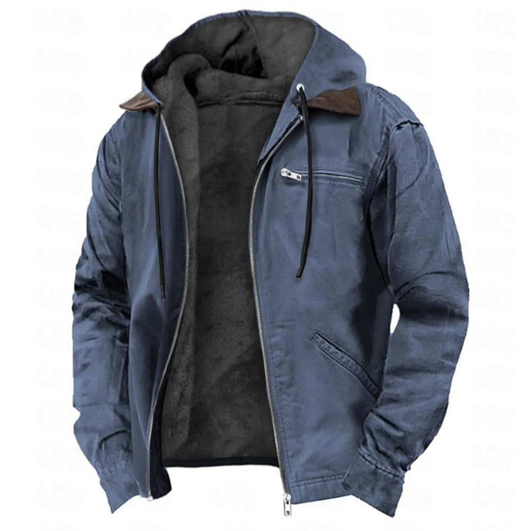 Men's hooded zip-front jacket with long sleeves and multiple pockets