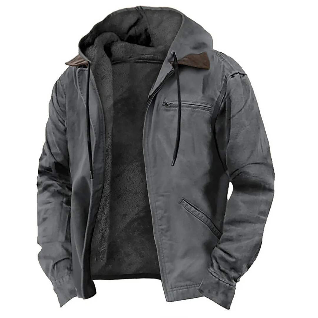 Men's hooded zip-front jacket with long sleeves and multiple pockets