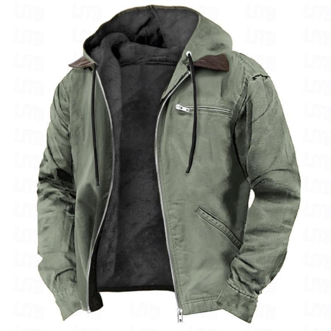 Men's hooded zip-front jacket with long sleeves and multiple pockets