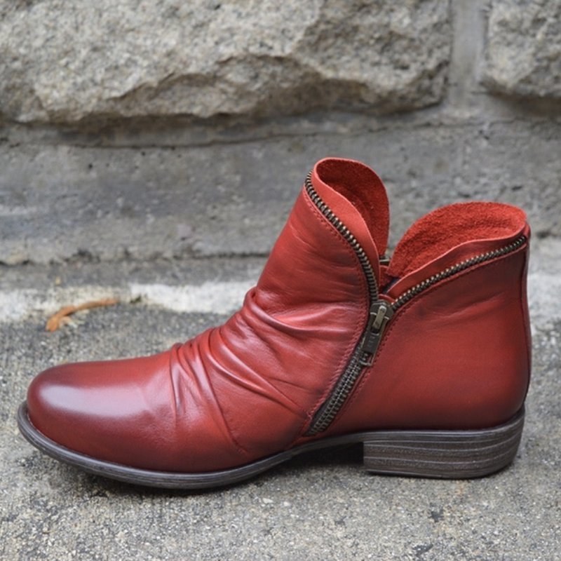 Women's ankle boots with ruched shafts, side zips and low heels