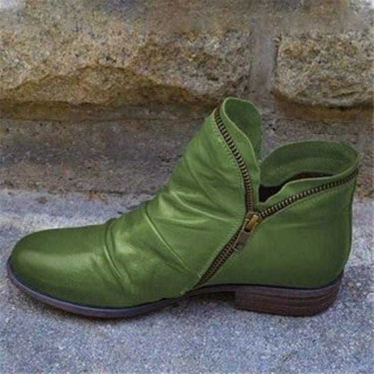 Women's ankle boots with ruched shafts, side zips and low heels