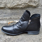 Women's ankle boots with ruched shafts, side zips and low heels