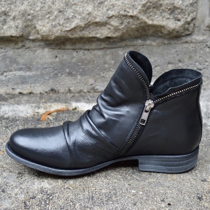 Women's ankle boots with ruched shafts, side zips and low heels