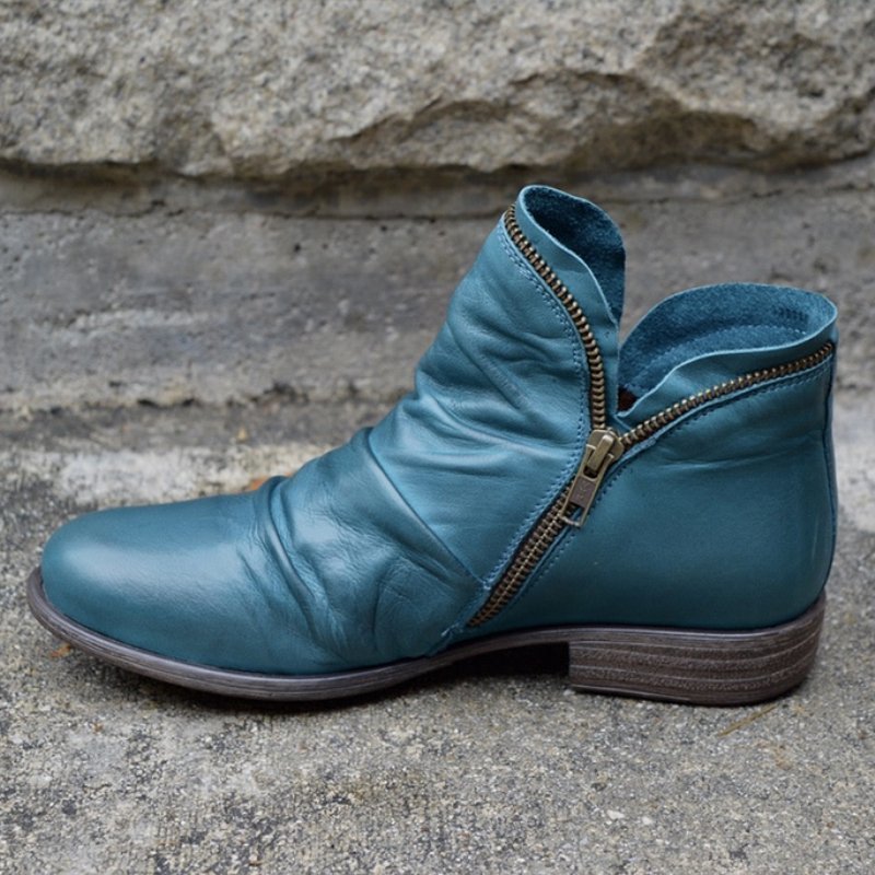 Women's ankle boots with ruched shafts, side zips and low heels