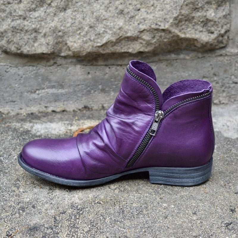 Women's ankle boots with ruched shafts, side zips and low heels