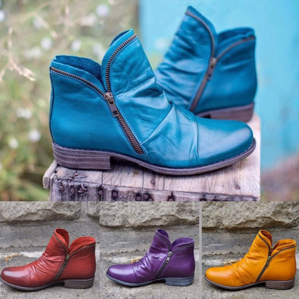 Women's ankle boots with ruched shafts, side zips and low heels