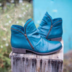 Women's ankle boots with ruched shafts, side zips and low heels