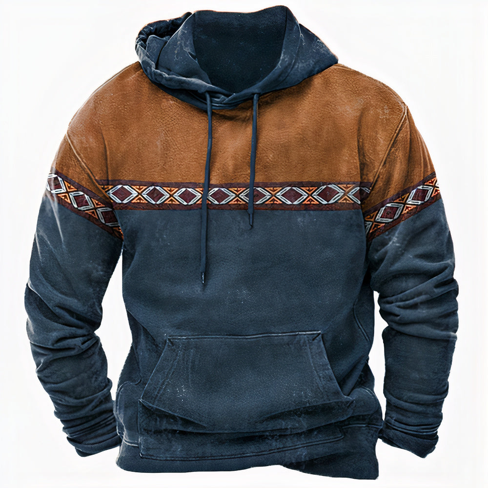 Men's hooded pullover with geometric patterned chest band and front pouch pocket
