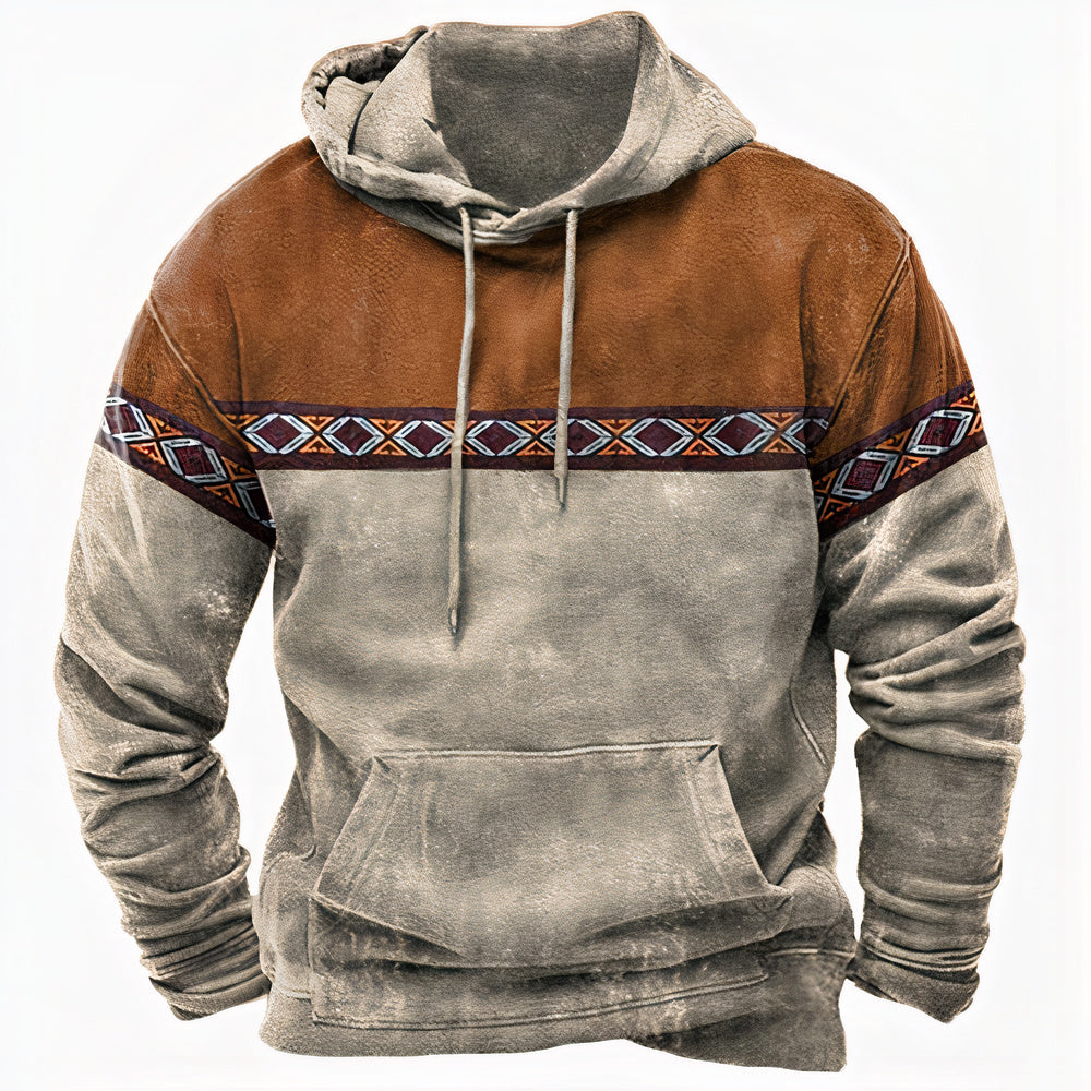Men's hooded pullover with geometric patterned chest band and front pouch pocket