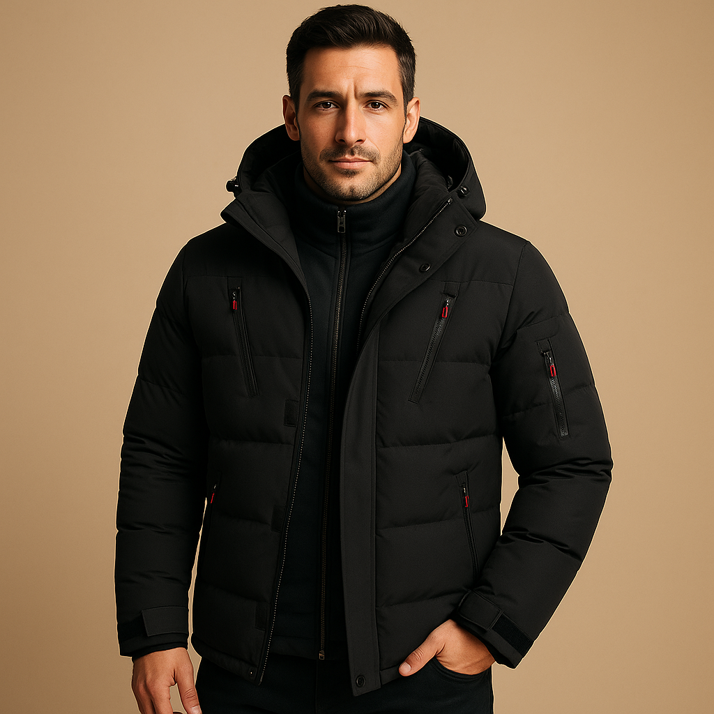 Men's hooded quilted winter jacket with zipped pockets and adjustable cuffs