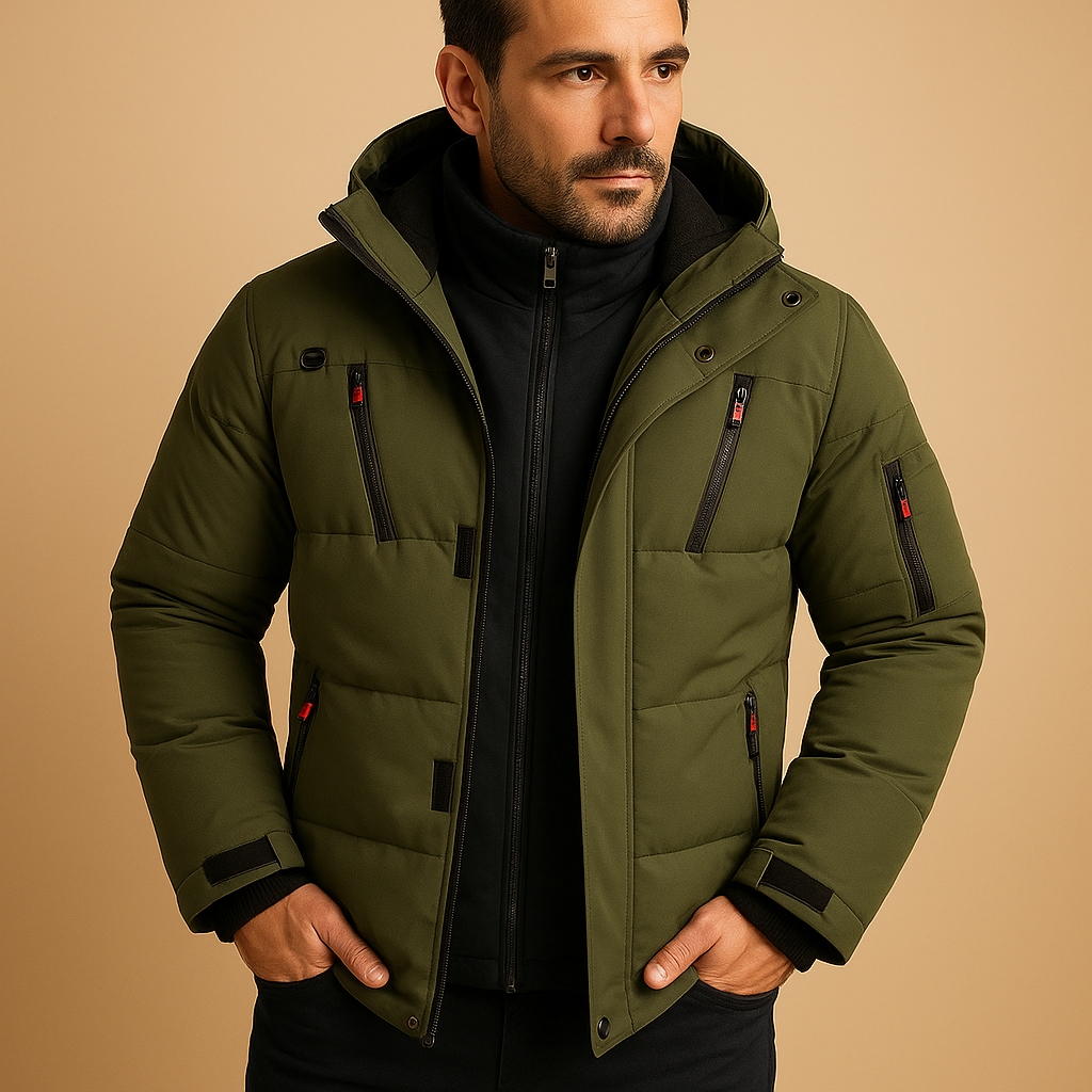 Men's hooded quilted winter jacket with zipped pockets and adjustable cuffs