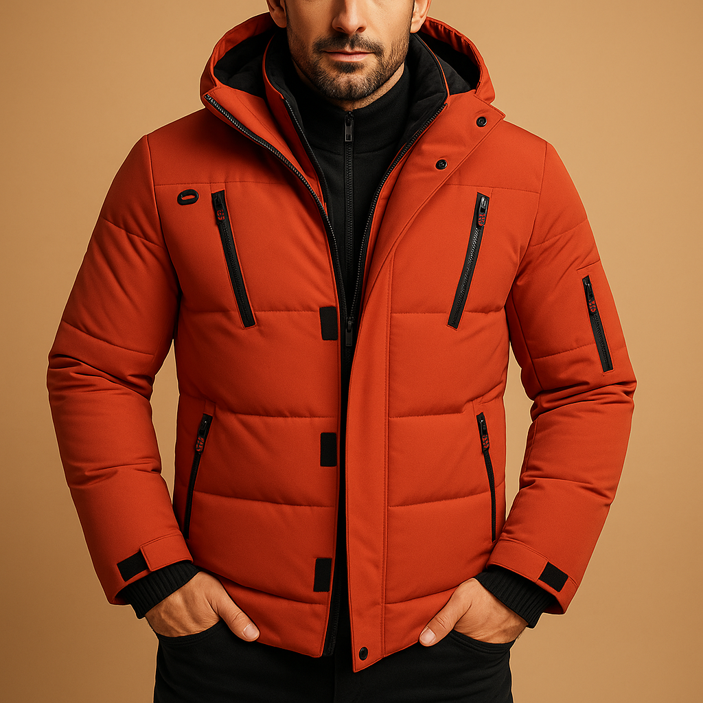 Men's hooded quilted winter jacket with zipped pockets and adjustable cuffs