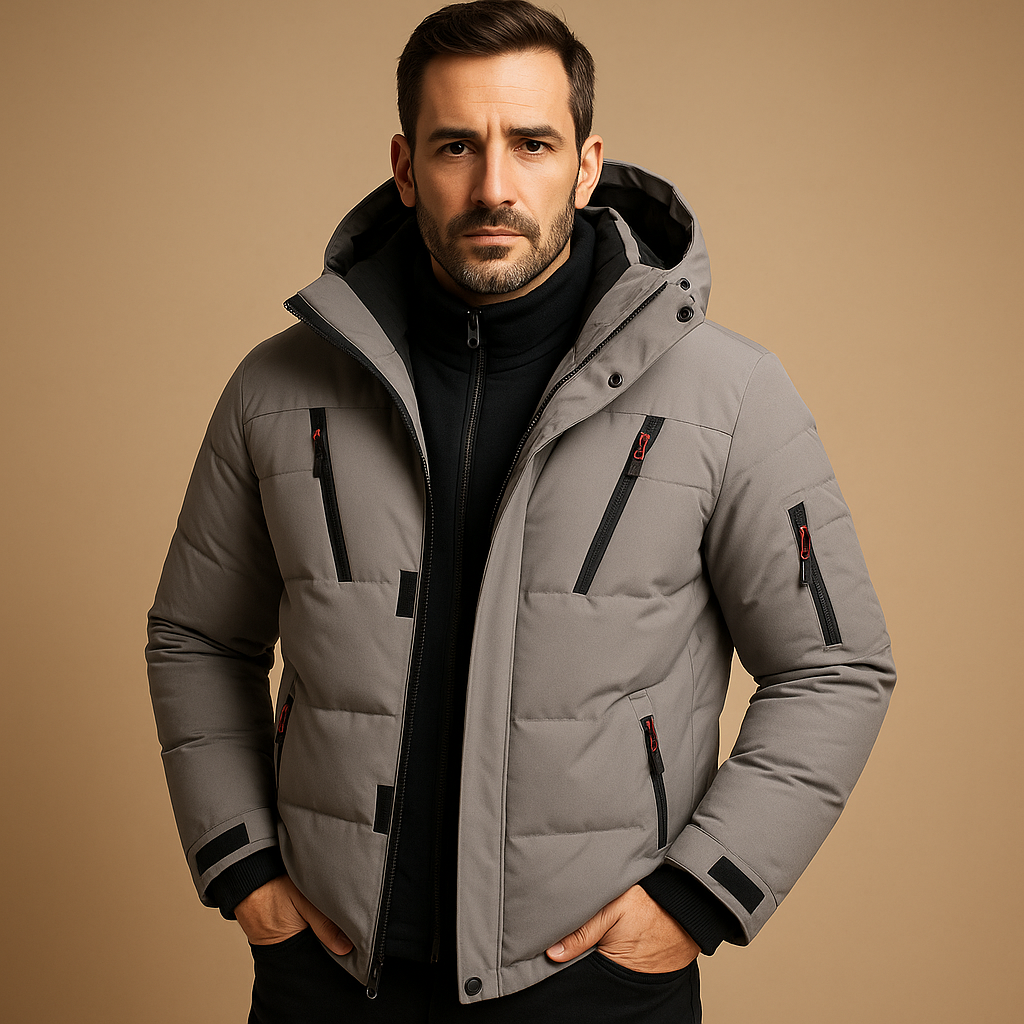 Men's hooded quilted winter jacket with zipped pockets and adjustable cuffs