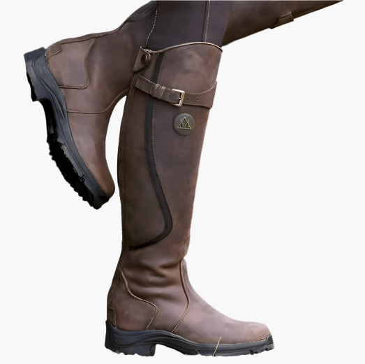 Women's tall riding boots with buckle strap, side zip and low heel