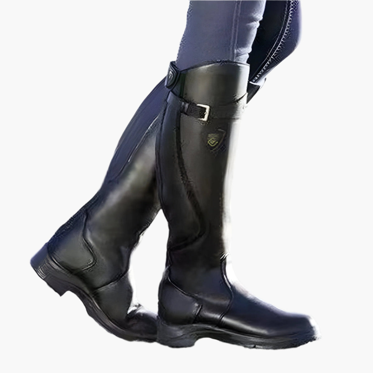 Women's tall riding boots with buckle strap, side zip and low heel
