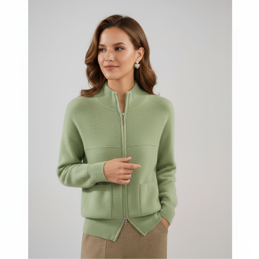 Women's ribbed knit cardigan with stand collar, full zip and two front pockets