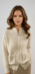 Women's ribbed knit cardigan with stand collar, full zip and two front pockets
