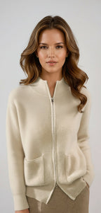Women's ribbed knit cardigan with stand collar, full zip and two front pockets