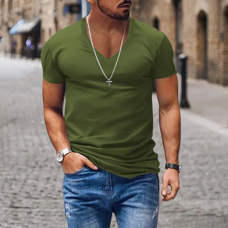 Men's plain deep V-neck T-shirt with short sleeves and slim fit
