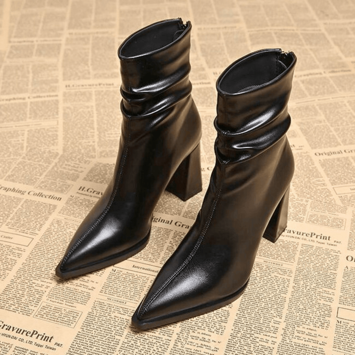 Women's pointed toe slouch ankle boots with high block heels
