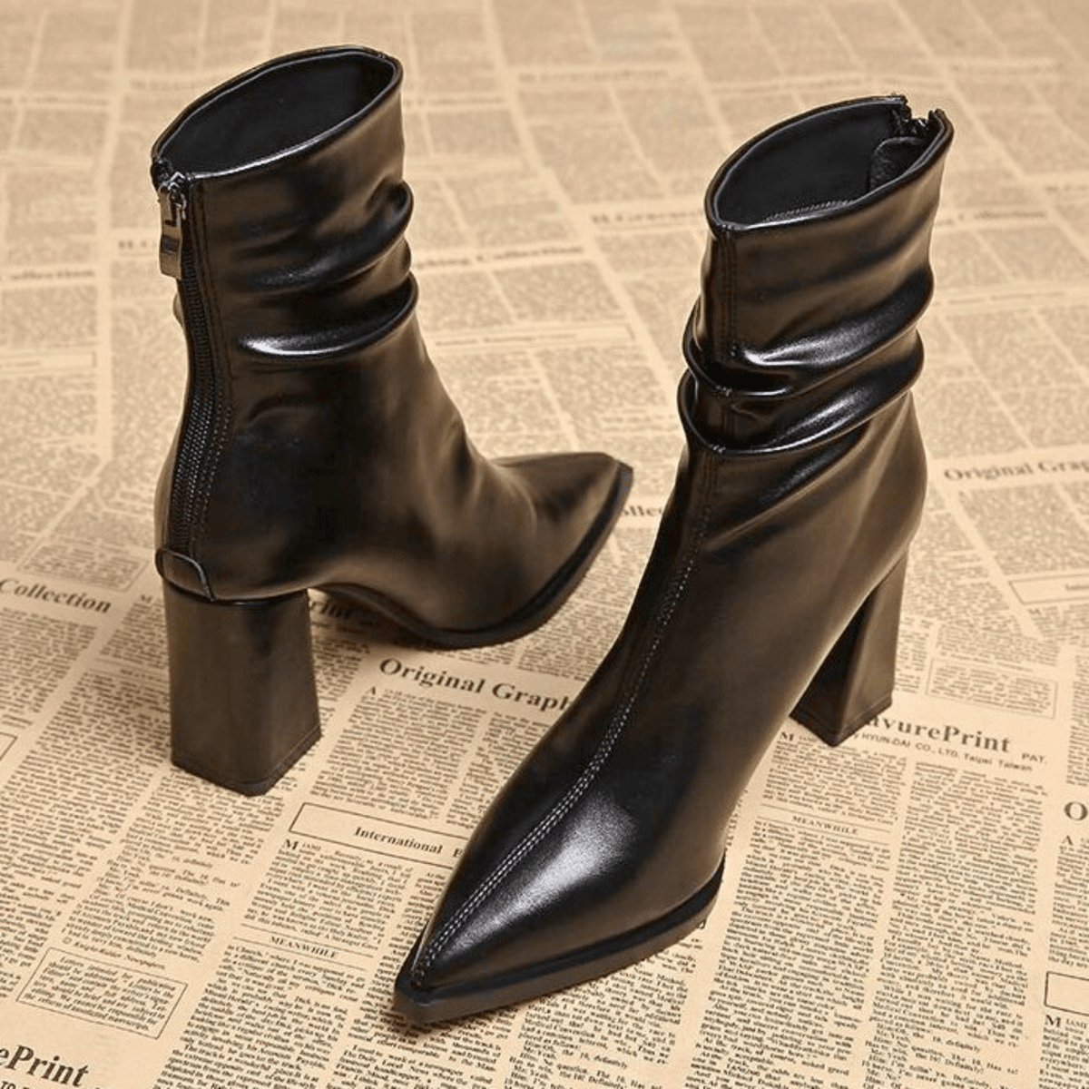 Women's pointed toe slouch ankle boots with high block heels