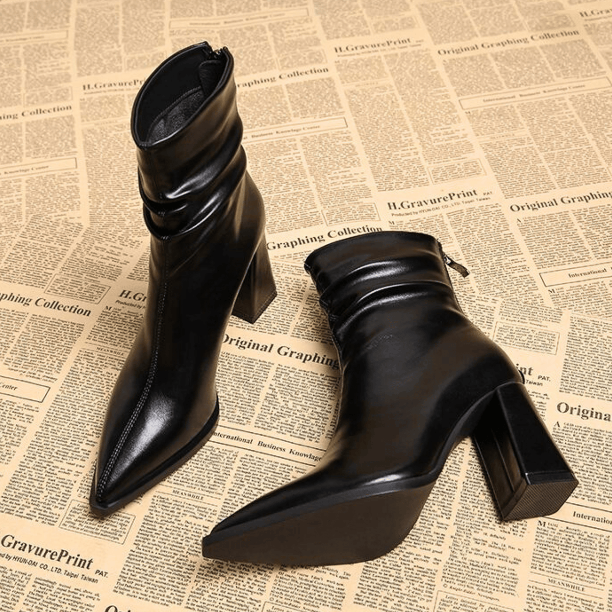 Women's pointed toe slouch ankle boots with high block heels