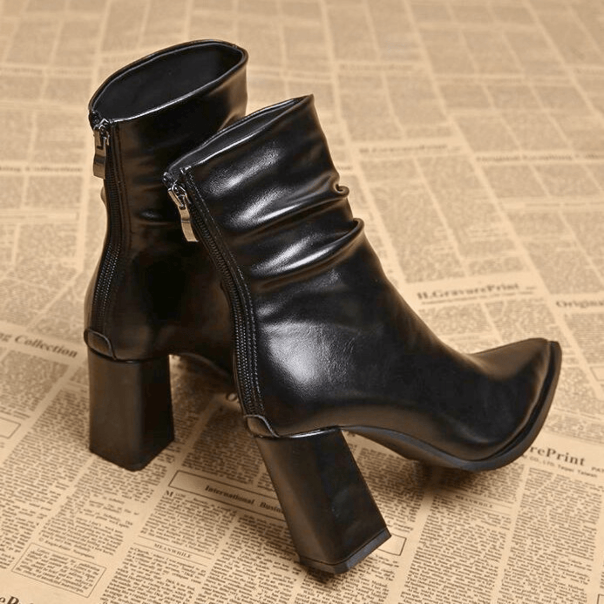 Women's pointed toe slouch ankle boots with high block heels