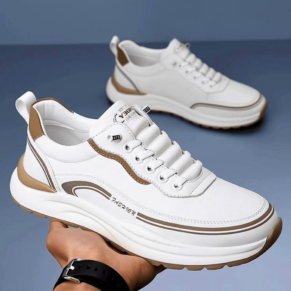 Chunky lace-up sneaker with a rounded toe, layered panels and contrast sole