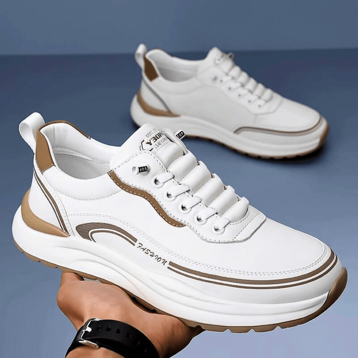 Chunky lace-up sneaker with a rounded toe, layered panels and contrast sole