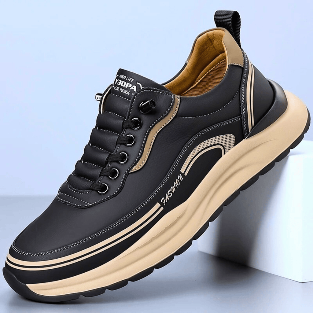 Chunky lace-up sneaker with a rounded toe, layered panels and contrast sole