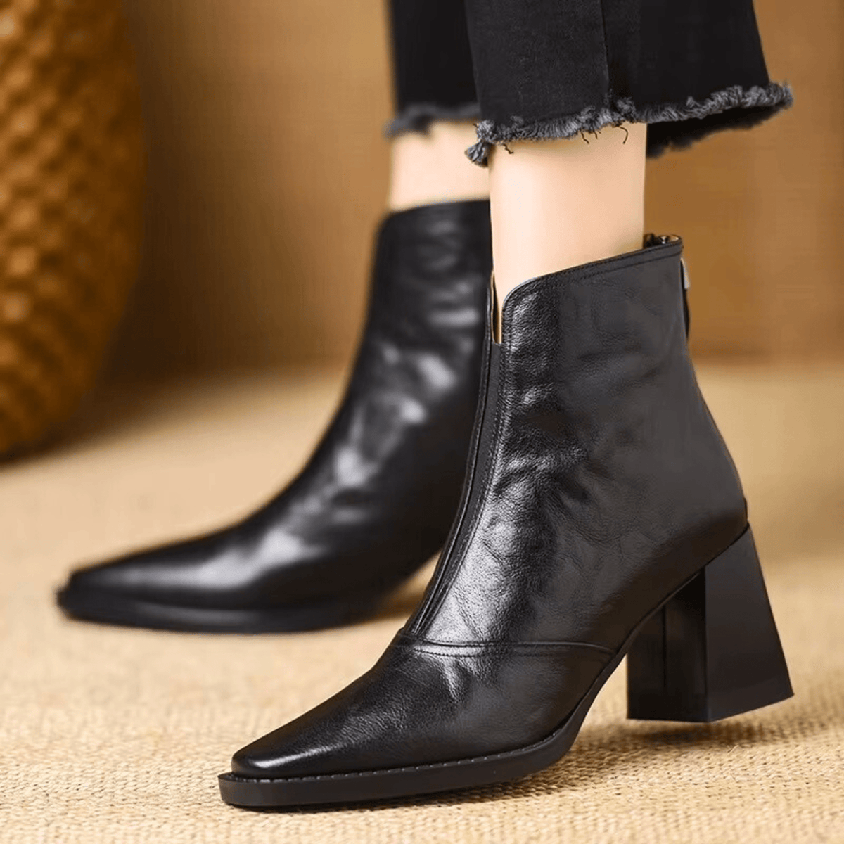 Women's ankle boots with almond toe and mid block heel