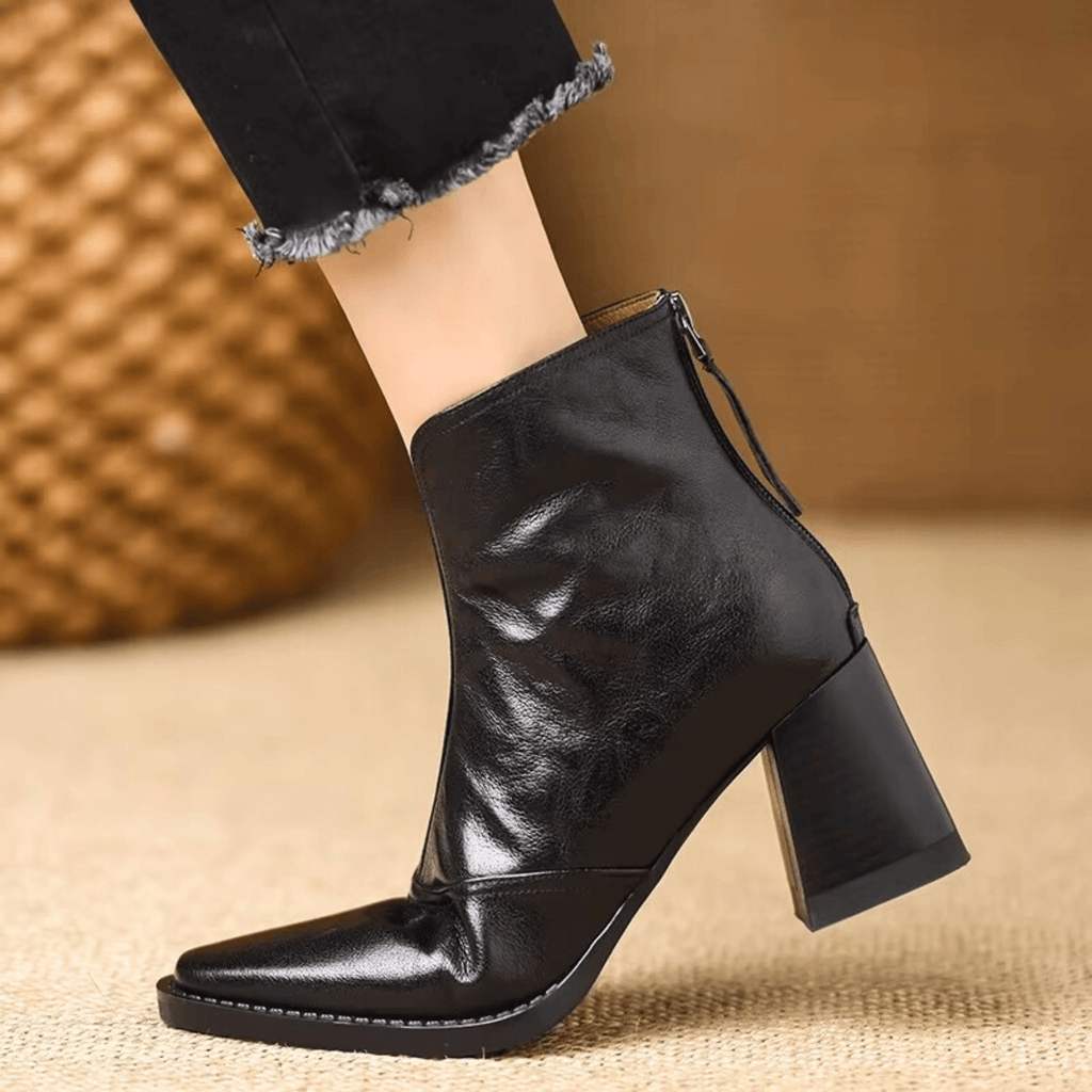 Women's ankle boots with almond toe and mid block heel
