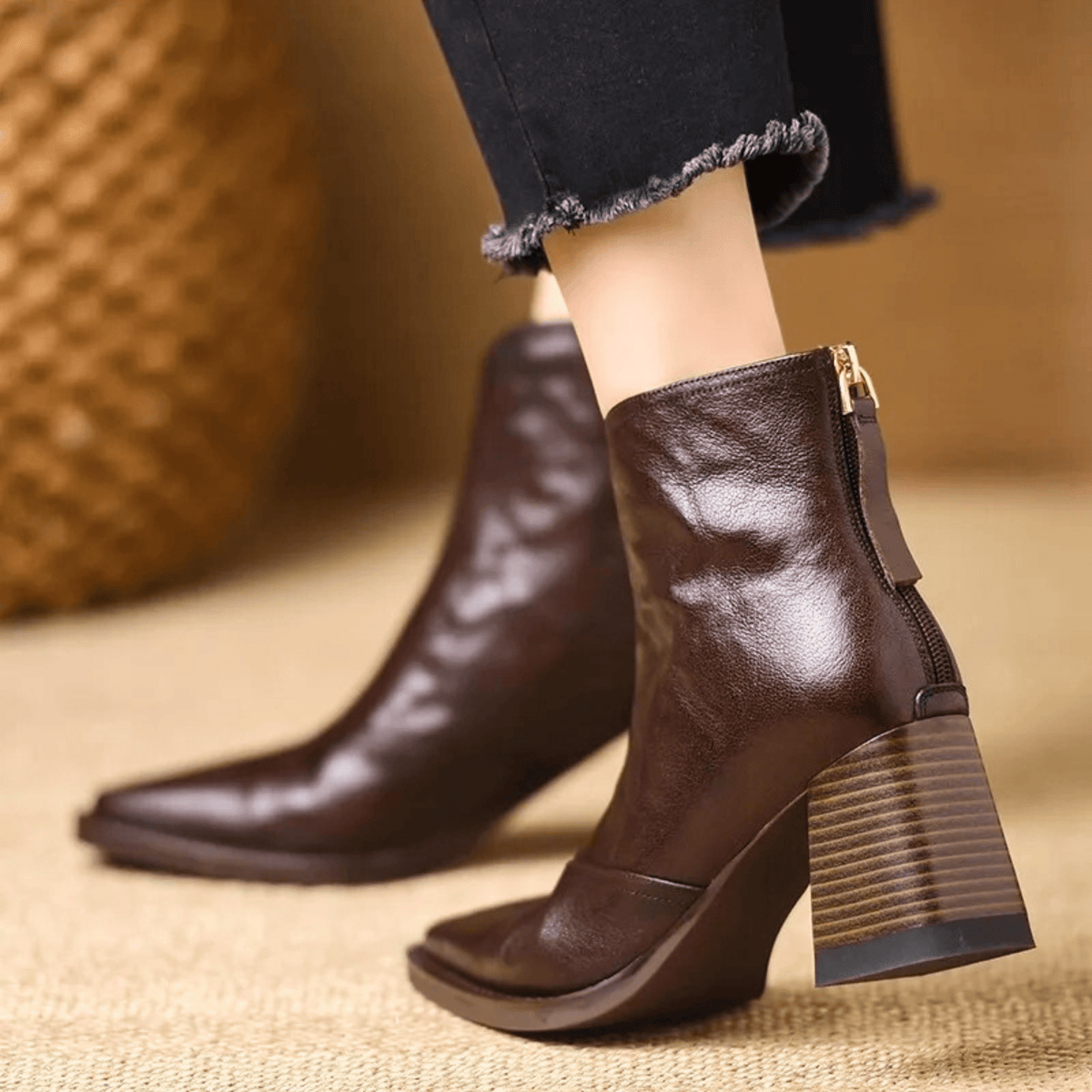Women's ankle boots with almond toe and mid block heel