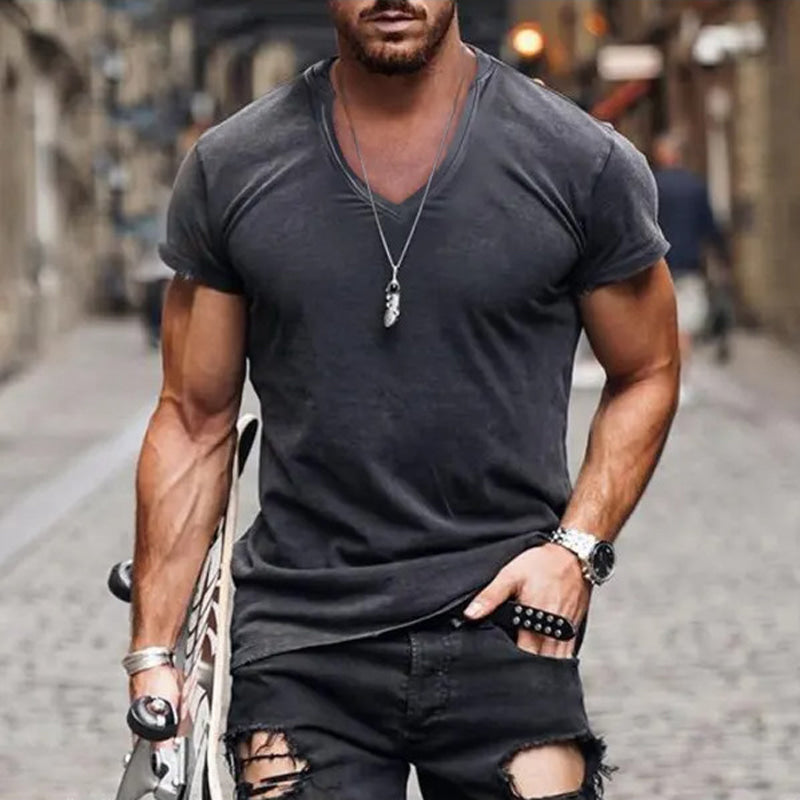 Men's plain deep V-neck T-shirt with short sleeves and slim fit