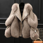 Women's cropped jacket with fur-effect collar, lapels and zip front