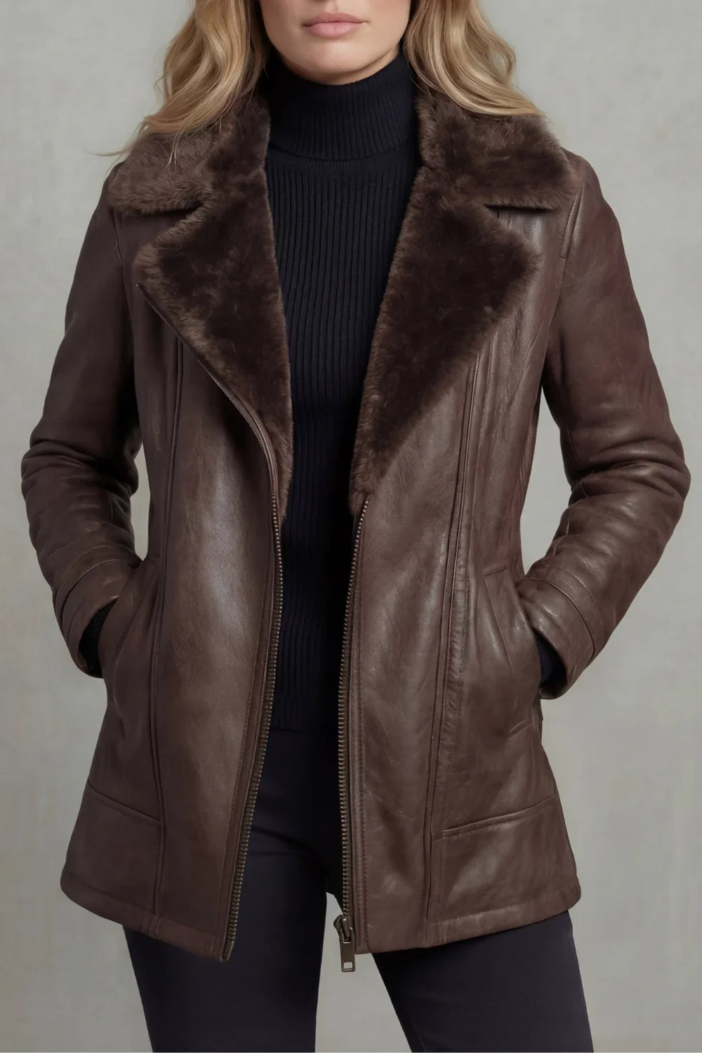 Women's brown shearling-lined jacket with plush collar and front zip