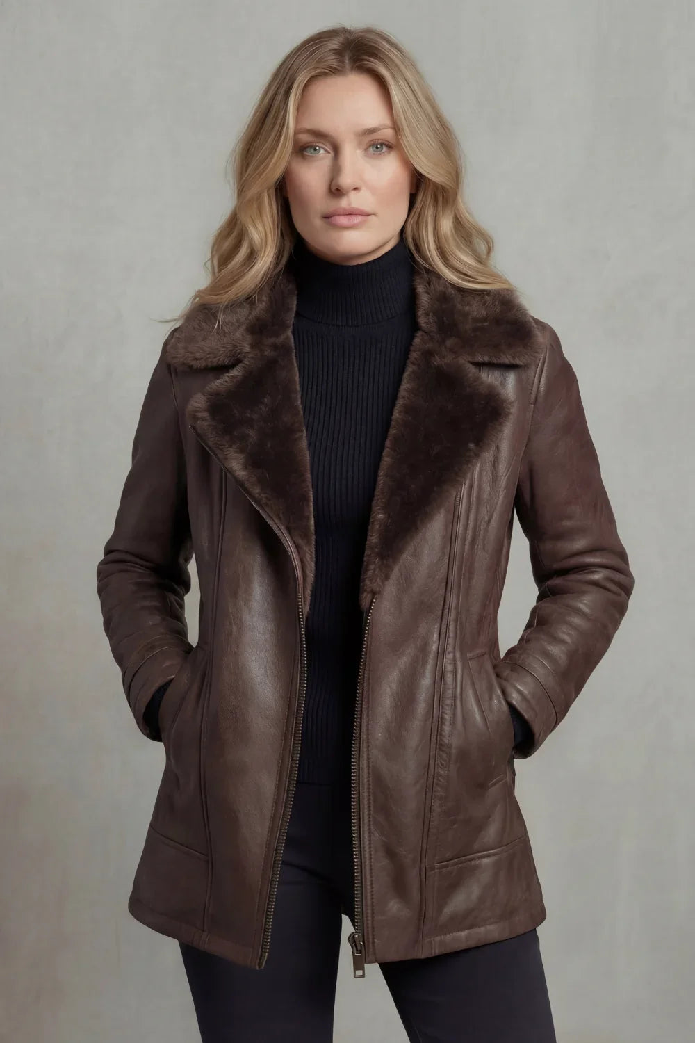 Women's brown shearling-lined jacket with plush collar and front zip