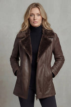 Women's brown shearling-lined jacket with plush collar and front zip