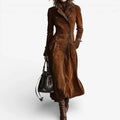 Women's double-breasted long coat with notched lapels, flap pockets and flared hem