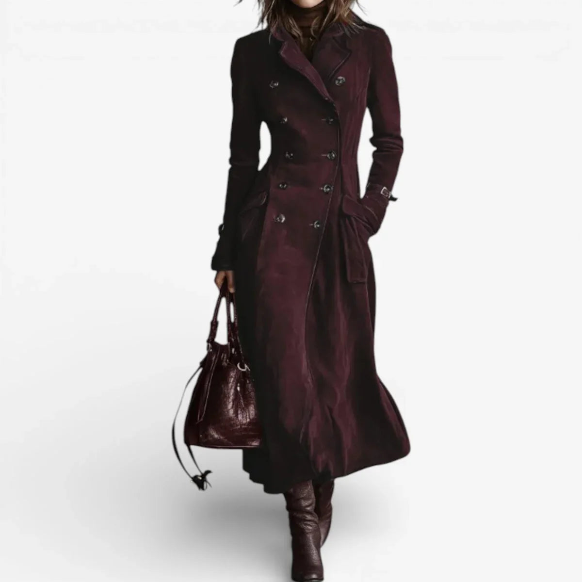 Women's double-breasted long coat with notched lapels, flap pockets and flared hem