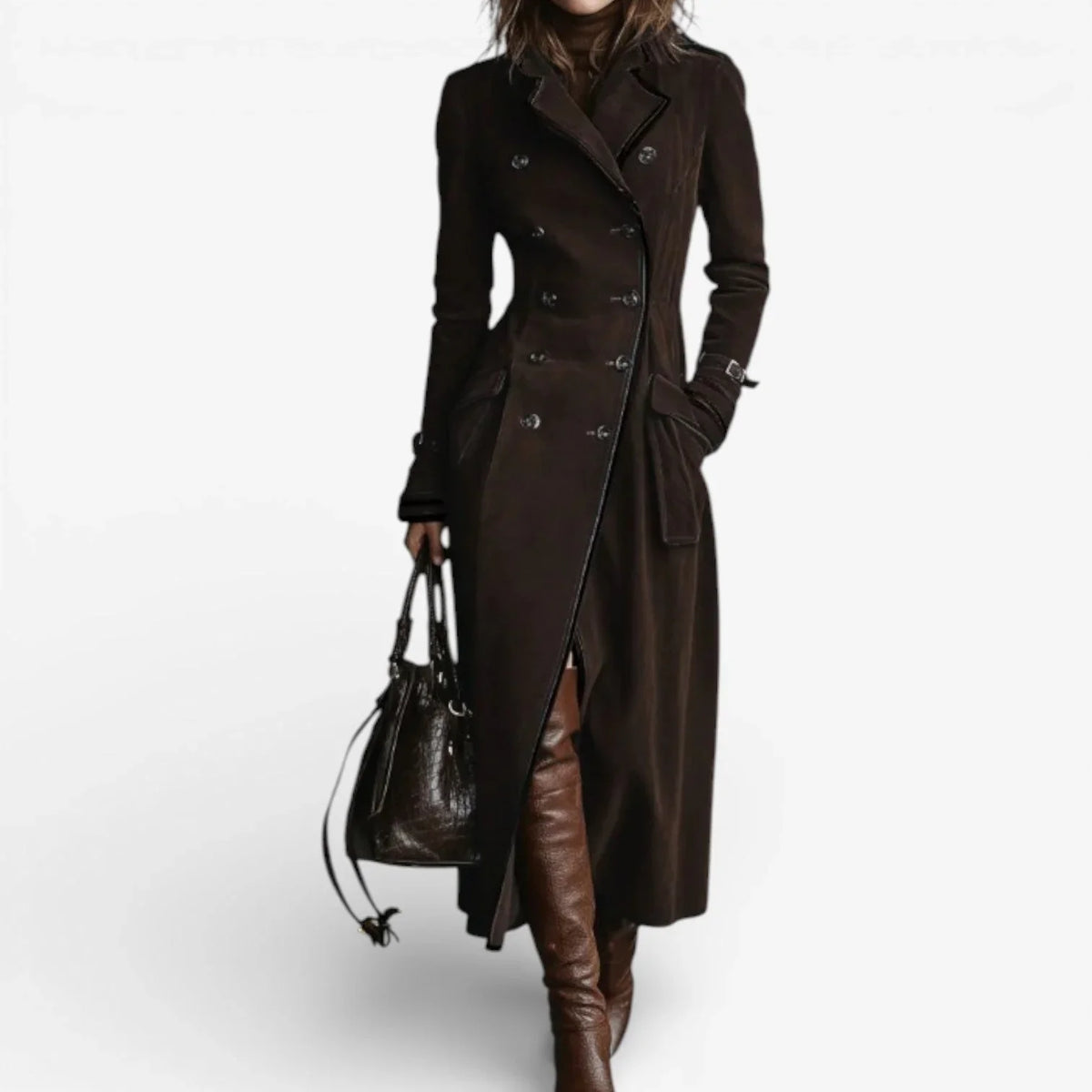 Women's double-breasted long coat with notched lapels, flap pockets and flared hem