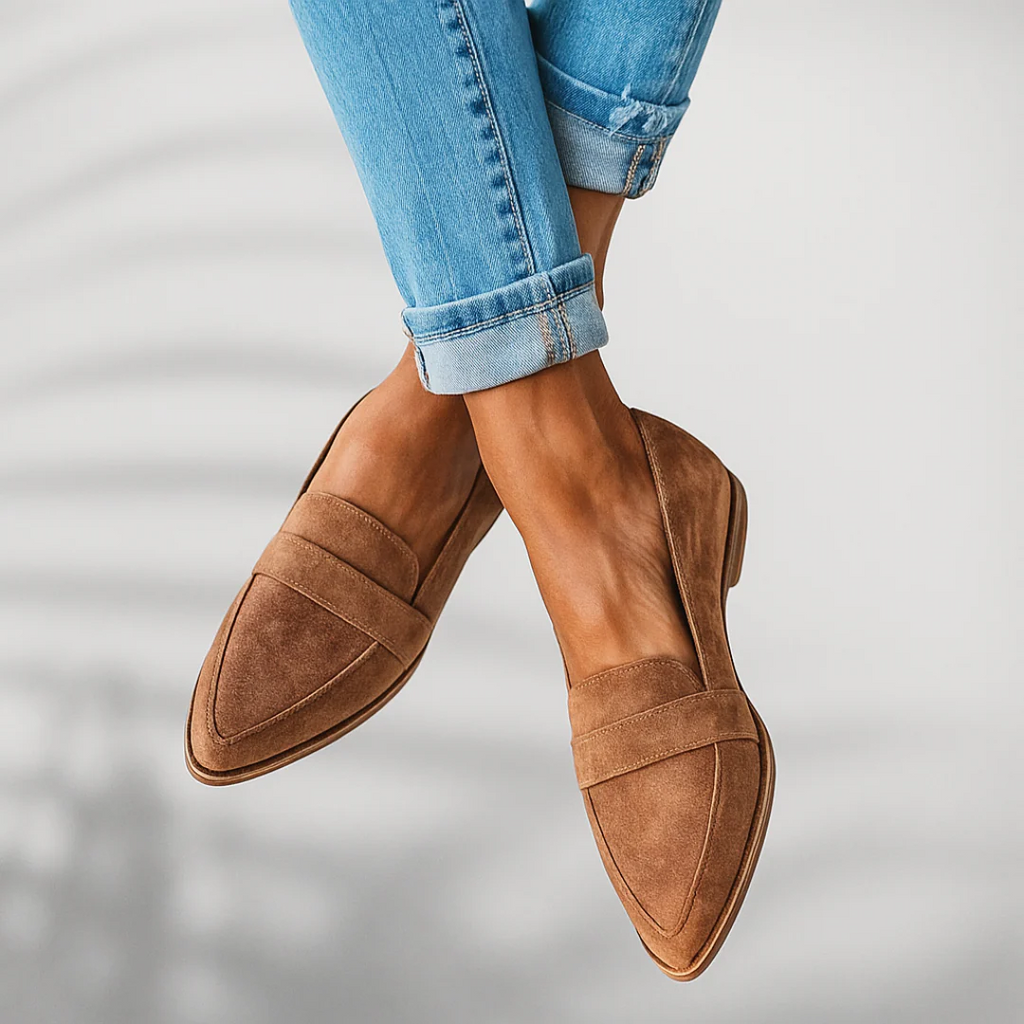 Women's pointed toe loafers with front straps and low heels