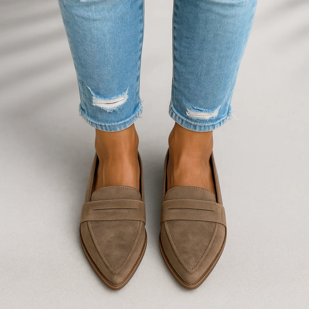 Women's pointed toe loafers with front straps and low heels